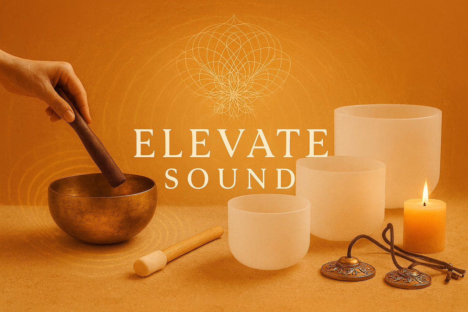 Elevate Sound: a brass Tibetan bowl being played beside three frosted crystal singing bowls, tingsha cymbals and a lit candle, on warm gold.